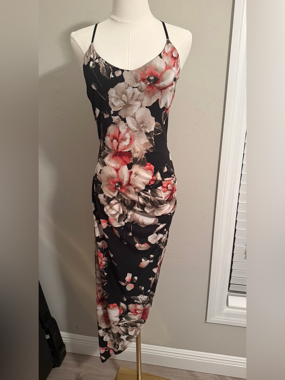 Floral Slip Midi Dress in Black and Coral